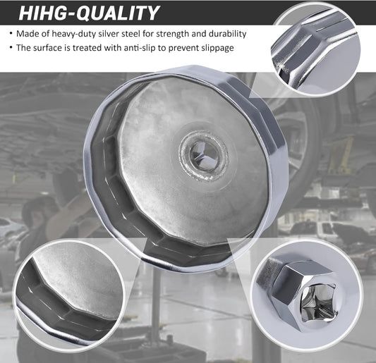 74mm 14Flutes Oil Filter Cap Wrench Removal Tool Socket Compatible with Mercedes Benz, Audi, Sprinter, VW, Porsche, Volkswagen, Mazda, Silver Heavy-Duty Aluminum
