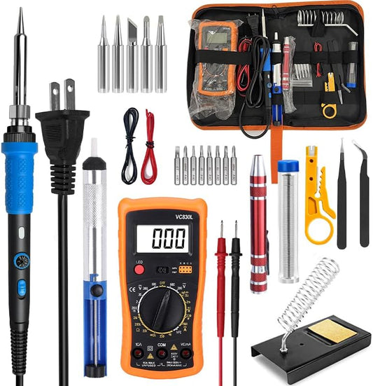 908B Blue All-in-One Soldering & Desoldering Kit with Multimeter, 60W Adjustable Soldering Iron for Electronics Repair, Includes 5 Tips, Solder, Pump, Wick, Tweezers, 110V