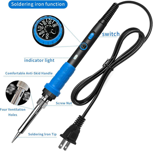 908B Blue All-in-One Soldering & Desoldering Kit with Multimeter, 60W Adjustable Soldering Iron for Electronics Repair, Includes 5 Tips, Solder, Pump, Wick, Tweezers, 110V