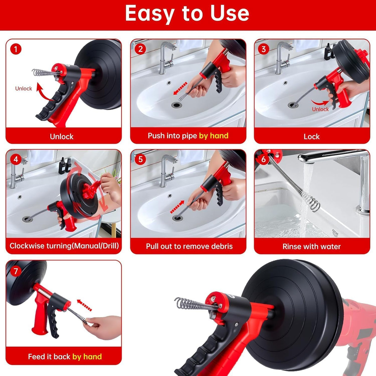 Drain Snake Hair Drain Clog Remover,Drill Attachment Toilet Snake for Bathroom Kitchen Tub Shower Drain Clog Remover with Gloves Hair Clog Remover with Drill Adapter（25ft/7.5M-Black） | Bathroom and Shower Sink Duty Pipe Drain Clog Remover for Bathtub