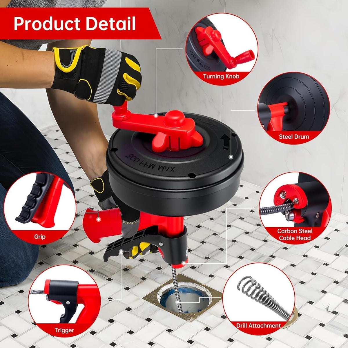 Drain Snake Hair Drain Clog Remover,Drill Attachment Toilet Snake for Bathroom Kitchen Tub Shower Drain Clog Remover with Gloves Hair Clog Remover with Drill Adapter（25ft/7.5M-Black） | Bathroom and Shower Sink Duty Pipe Drain Clog Remover for Bathtub