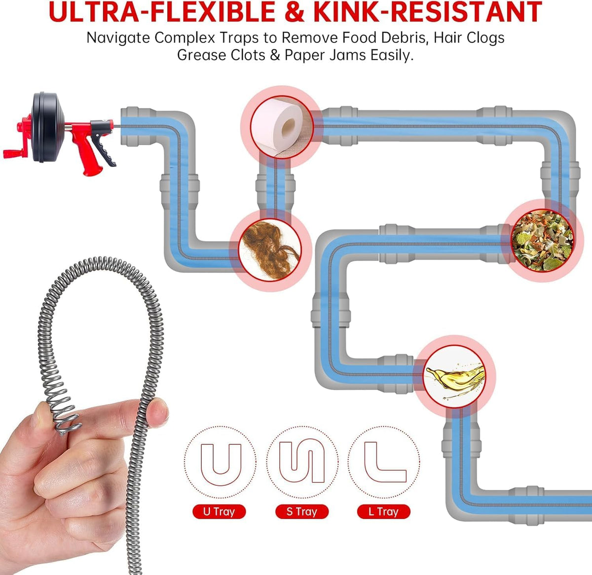 Drain Snake Hair Drain Clog Remover,Drill Attachment Toilet Snake for Bathroom Kitchen Tub Shower Drain Clog Remover with Gloves Hair Clog Remover with Drill Adapter（25ft/7.5M-Black） | Bathroom and Shower Sink Duty Pipe Drain Clog Remover for Bathtub