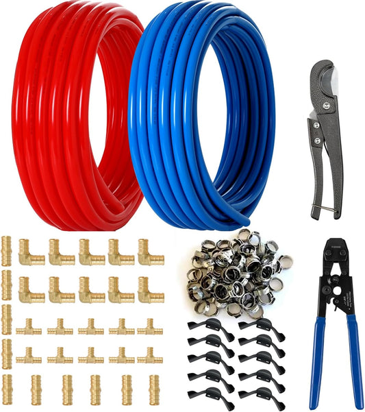 (All-in-One) 3/4 Inch PEX-B Pipe/Tubing Fitting Kit | 3/4 Inch 200ft Red Blue Pipe,2-in-1 Ratchet Cinch Crimp Tool,30 Brass Fittings,100 Clamps,Pipe Cutter