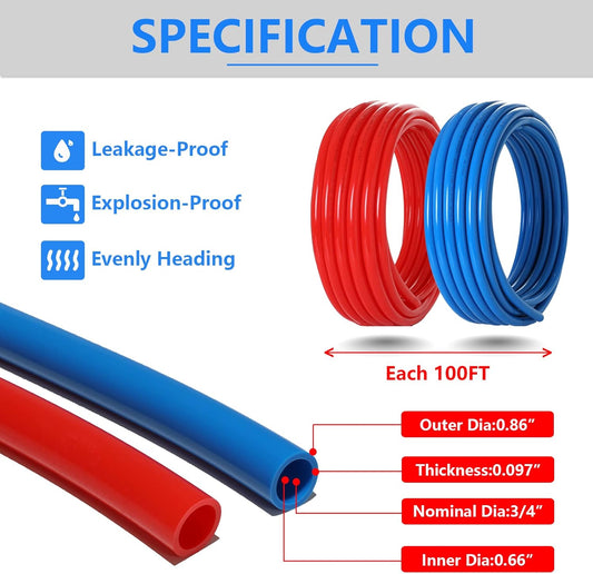 (All-in-One) 3/4 Inch PEX-B Pipe/Tubing Fitting Kit | 3/4 Inch 200ft Red Blue Pipe,2-in-1 Ratchet Cinch Crimp Tool,30 Brass Fittings,100 Clamps,Pipe Cutter