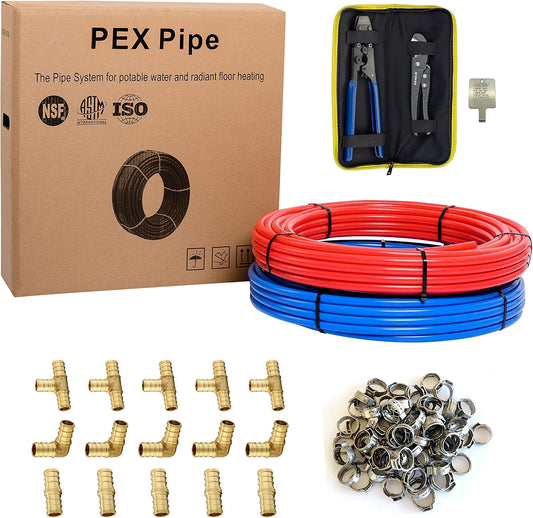 EFIELD 1/2 Inch 2 x 100 ft (200 Ft) Pex-b Pipe/Tubing(All-in-One Bundle) | Brass pex Fittings, Crimping Tool, Cinch Clamps, Cutter, J-Clamps(129)