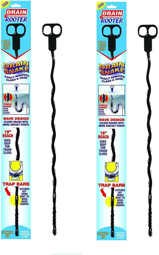 (2) Twin Pack Roto Rooter Plumbing Drain Snake Hair Clog Remover Flexible Plastic Hand Plumbers Tool Sink Shower Auger Pipe Cleaner Plunger Opener